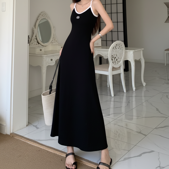 쁘띠엘라 슬림핏 뷔스티에 휴양지 롱원피스 끈나시 A라인 원피스