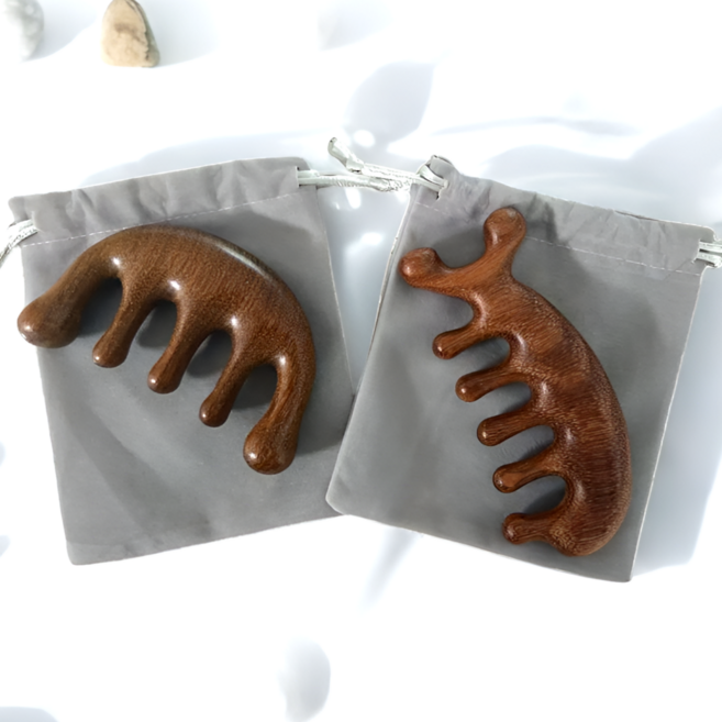 프레즌 두피 바디 박달 나무 천연 우드 괄사 2종 마사지세트 - 혈액 순환 & 림프 케어, 브라운우드, 2개