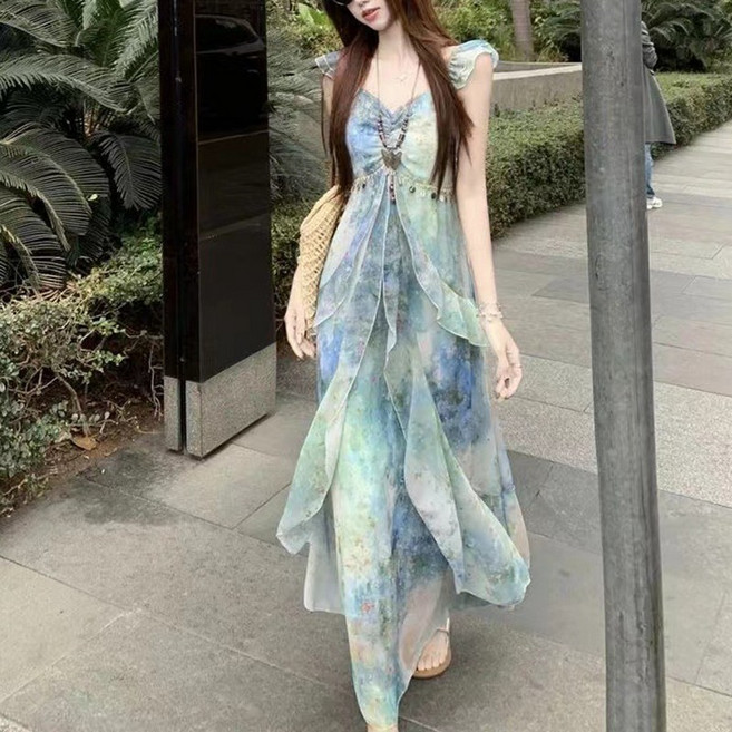슬림소녀 여성 여름 프린트 민소매 원피스 해변 바캉스룩 롱스커트