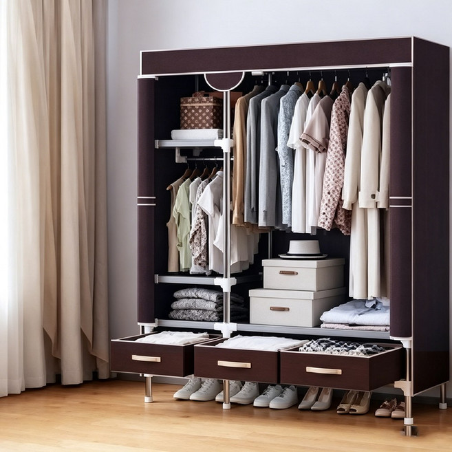 PALATBLE 簡易防塵布衣櫃 拉鍊門設計 附三抽屜 深咖色 112x45x170公分, 深咖色 112*45*170 送3個抽屜