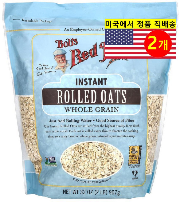 Bob's Red Mill 건강하고 맛있는 식사 간식용 오가닉 통곡물 롤드 오트 납작 귀리 907g 2개