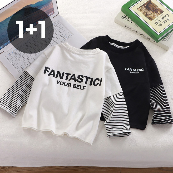 아동 남녀공용 페이크 레이어드 긴팔 티셔츠 주니어 스트라이프 배색 레터링 상의 2종세트