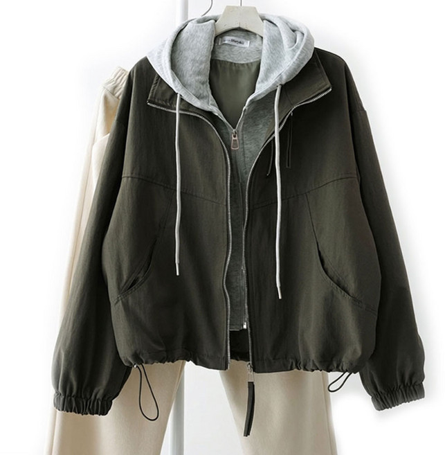 메리앤유 코튼 소재 후드 레이어드 바람막이 점퍼 루즈핏 간절기 자켓