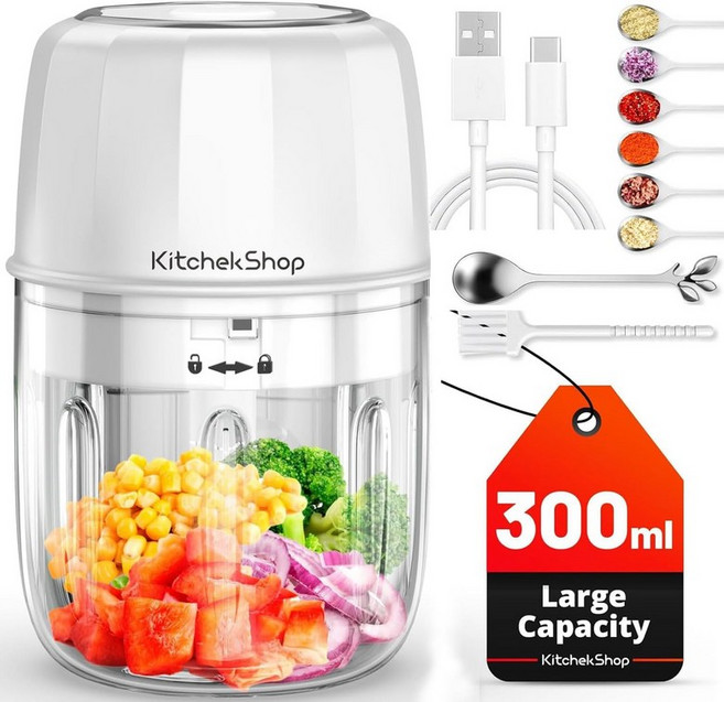 키첵샵 전기 마늘 초퍼 300ML 휴대용 무선 미니 푸드 프로세서 견과류용 충전식 야채 블렌더 칠리 양파 다진 고기 및 향신료 BPA 프리화이트, 1세트