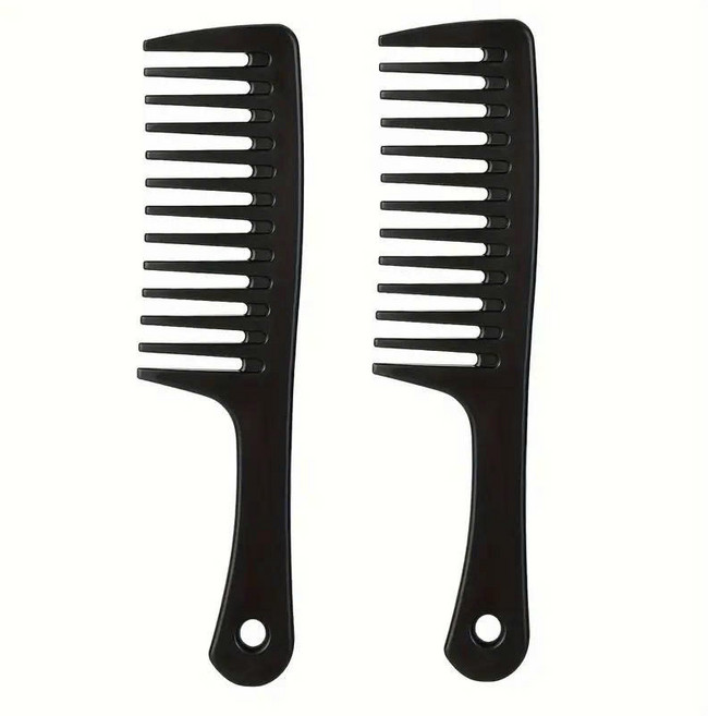 넓은 치아 머리 빗 (일반 모발용 플라스틱 강모 두꺼운 내구성 파손 방지 두피 마사지 빗 1pc ), 2개, 블랙
