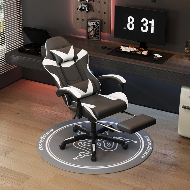 인체공학 디자인 컴퓨터 의자 사무 책상 의자 헤드레스트 요추받침 팔걸이 각도조절 가능 장시간 앉아도 편안한 게이밍 학생 재택근무용 의자, 블랙 + 화이트