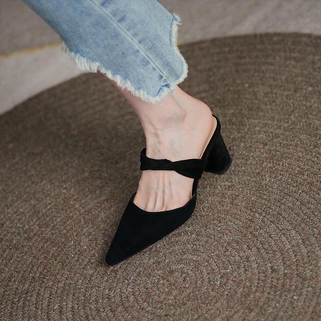 뾰족코 여성 블로퍼 키높이 힐 뮬 슬리퍼 로퍼 가죽 스트랩