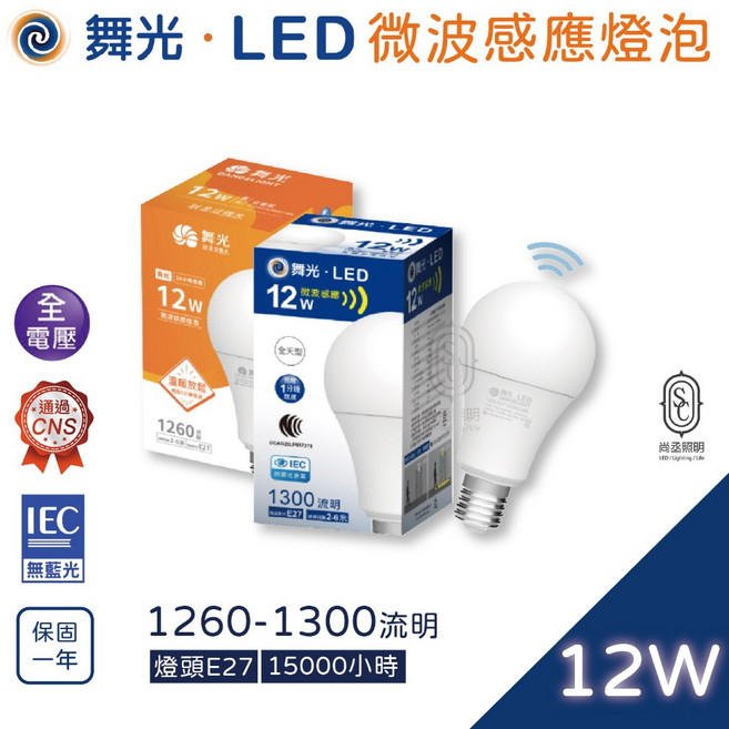 尚丞照明 LED 微波感應燈泡 E27 12瓦 白光 黃光 球泡 全電壓, 1個, 感應燈泡-黃光