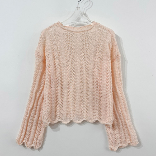 루즈핏 스카시 니트 봄 물결 라운드 시스루 나팔 소매