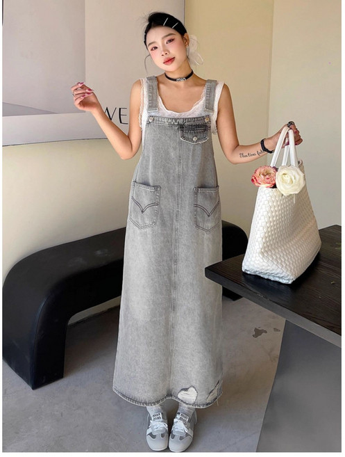 봄 가을 여성 빈티지 데님 멜빵 원피스 캐주얼 오버핏 점프수트 데일리 롱 멜빵치마 SYW