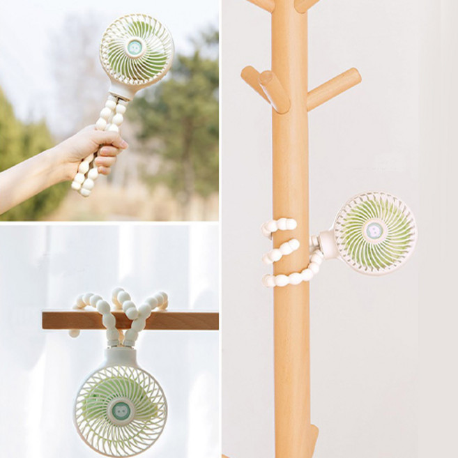 문어발 선풍기 유모차 캠핑 접이식 핸드 미니손선풍기 휴대용 탁상용 차량용 충전식 다용도, 아이보리