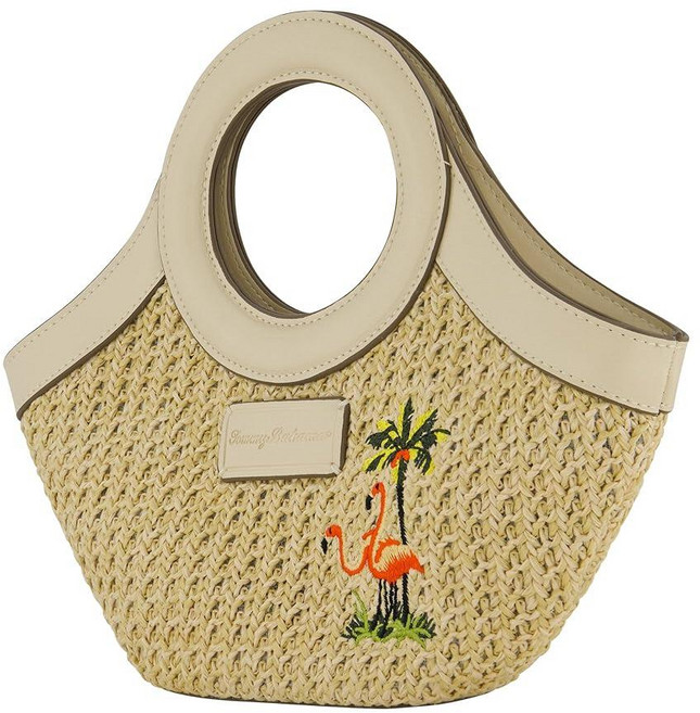 Concept One Tommy Bahama 미니 토트백 조절 가능한 어깨끈이 있는 여성용 여행 핸드백 자수 플라밍고 및 야자수 디자인 크림 원 사이즈 사첼백 어깨끈 장식이 크