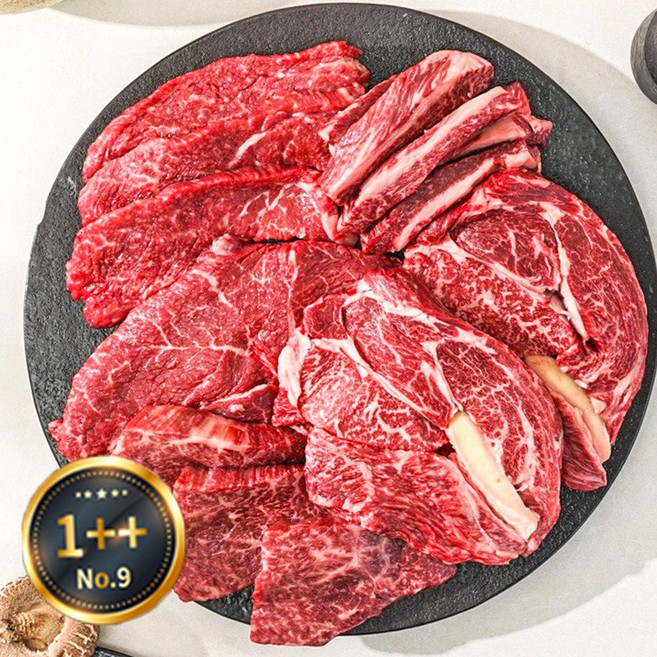 [미쓰하누]1++No.9등급 한우 구이모듬 600g 등심+갈비살+눈꽃로스구성, 1개