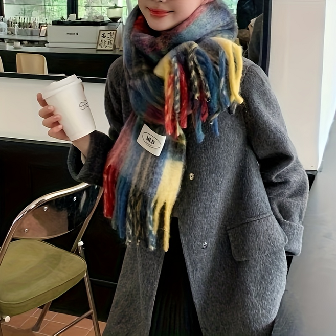 인스타 감성 폭발 양모 정교한 술 장식 커플 플레이 고급스러운 패션 분위기 완성 두툼하고 보온성 좋아 방한 효과 탁월 프렌치 체크 패턴 배색 스누드 트렌디한 머플러 선물