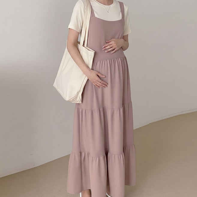 [당일출고] 수엠W 임산부 캉캉 멜빵 롱 원피스 만삭촬영 임부복 외출복 뷔스티에 루즈핏 T01 엘라멜빵원피스