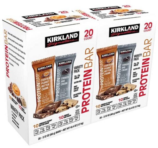 Kirkland Signature 커를랜드 시그니처 프로틴 바 2종 초콜릿 피넛 버터 청크 쿠키 앤 크림 60g x 20바, 20팩