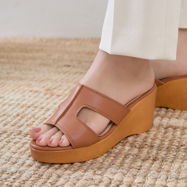 제이슈 글렌 가벼운 통굽 웨지힐 뮬 슬리퍼 7cm