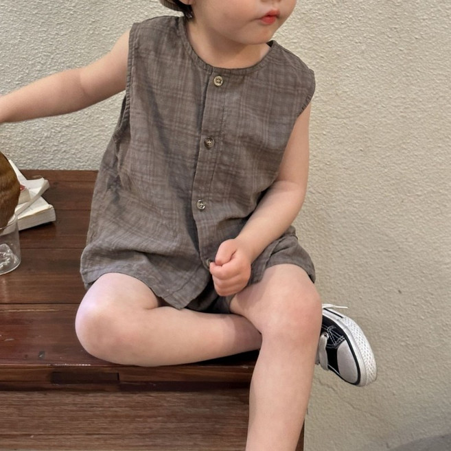 구빠방 아동 린넨 버튼 민소매 상하복 세트 투피스
