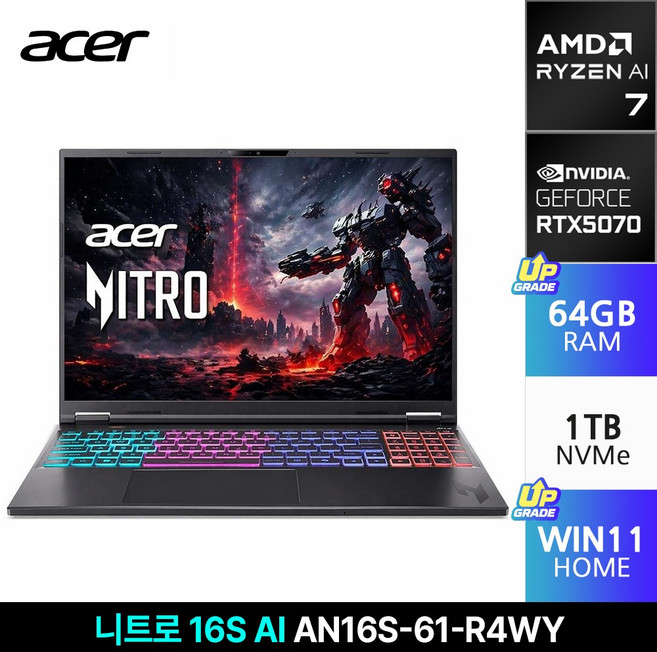 에이서 게이밍노트북 니트로 16S 라이젠AI 7 350 RTX5070 WQXGA 180Hz, AN16S-61-R4WY, WIN11 Home, 64GB, 1TB, 블랙