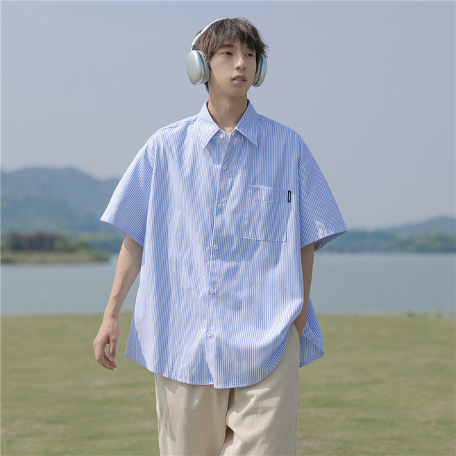 남성용 오버핏 줄무늬 셔츠 코트 링클프리 베이직 반팔 와이셔츠