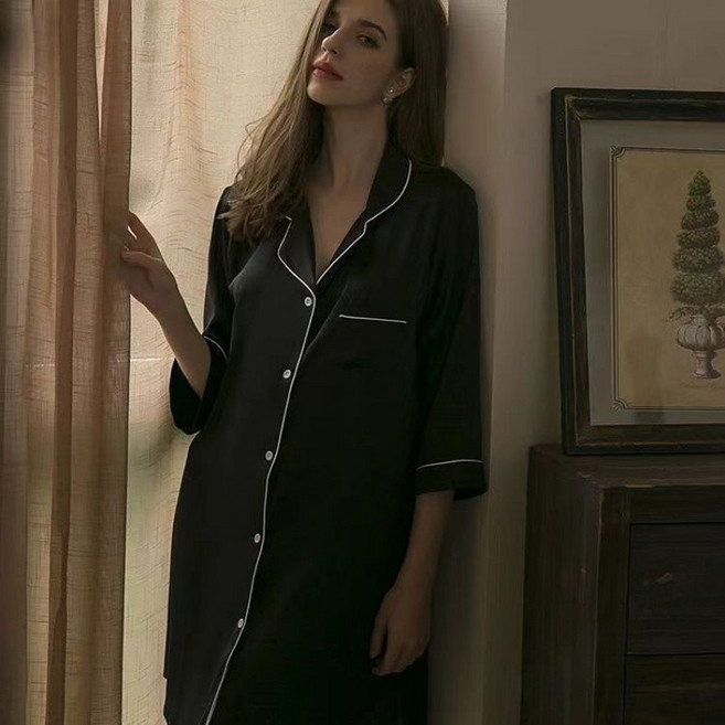 嘉義出貨 法式性感冰絲睡裙 真絲綢睡裙 大碼襯衫裙 男友風睡裙 連身睡衣 襯衫睡衣 居家服 寬鬆舒適 女生睡衣