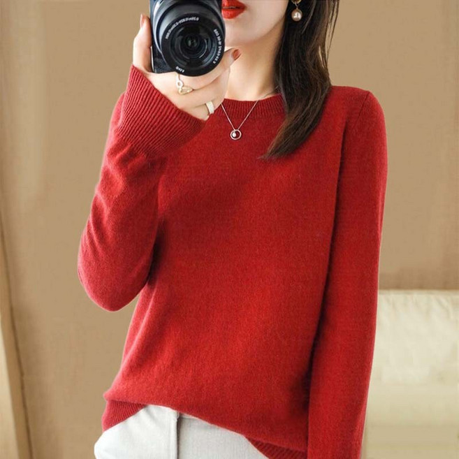 슬림소녀 여성 봄 가을 겨울 베이직 라운드넥 니트 티셔츠 부드러운 긴팔 니트티