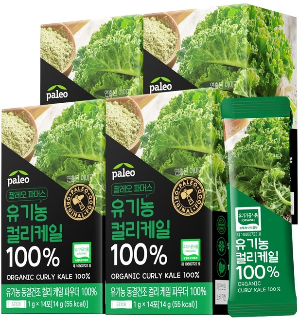 팔레오 동결건조 유기농 컬리케일분말 100% 곱슬케일 스틱, 14g, 4개 - 쿠팡