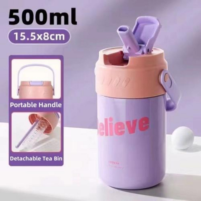 휴대용 빨대 316 스테인리스 스틸 보온 머그잔 텀블러 커피 컵 스포츠 진공 플라스크 냉온수 물병, 2) 500ML  purple, 1개