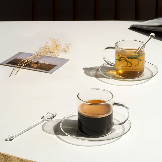 Abela 내열유리 커피잔+받침+티스푼 190ml, 2개, 투명