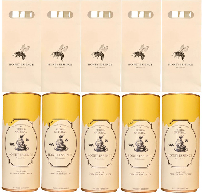 허니에센스 국산 자연벌꿀 꿀스틱 결혼 돌 답례품 쇼핑백 세트 스승의날 선물, 1박스, 5세트 올인원(아카시아3 벚꽃3 밤4)+선물봉투5, 100g