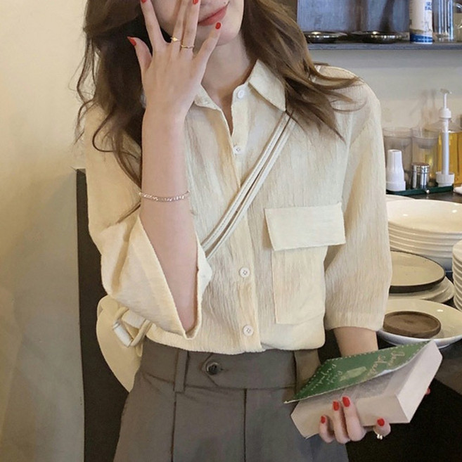 에리페 여성용 플리츠 심플 포켓 7부 셔츠