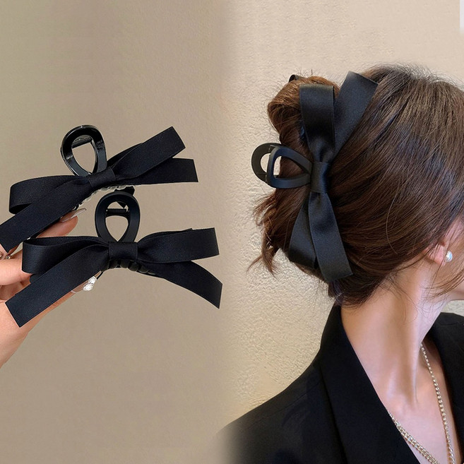 [2개세트] 워더미 블랙 새틴 리본 유무광 빅사이즈 청순 집게핀 F567
