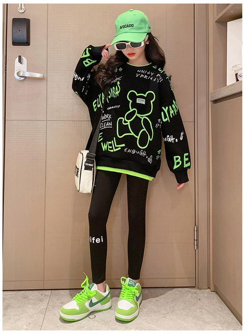 [랑] 주니어 형광 곰돌이 맨투맨 봄 가을 주니어 여아 남아 초등학생 엄마랑 커플티