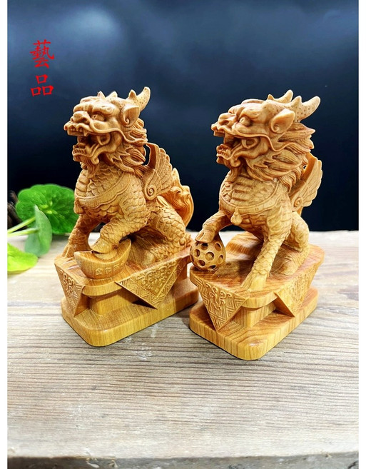 崖柏麒麟擺件壹對 招財納福風水擺件, 1個, 招財納福麒麟壹對, N/A