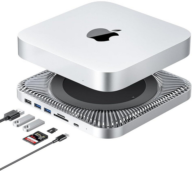 RayCue 맥 미니 허브 Type-C 스탠드 SSD 인클로저 포함 25인치 SATA USB-C 데이터 포트 듀얼 USB 30/20 마이크로/S