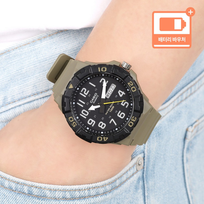 카시오 다이버 디자인 베젤 시인성 좋은 문자판 데이데이트 100미터 방수 우레탄시계 + 배터리 바우처