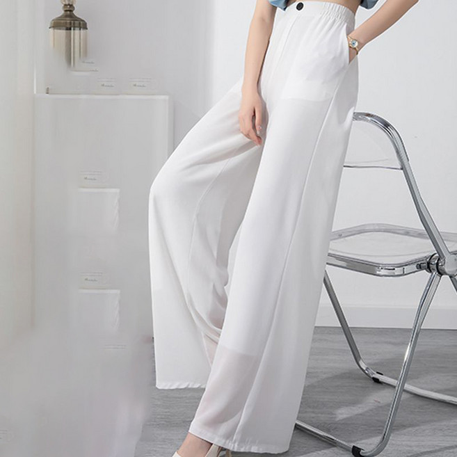 페이준 여성 여름 쉬폰 와이드 팬츠 하이웨이스트 밴딩 솔리드 포켓 댄스 바지 YFC841