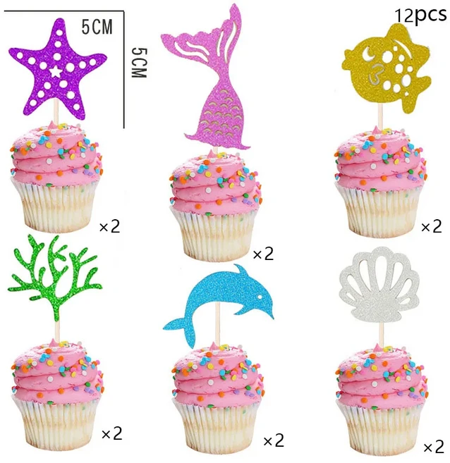 인어 생일 용품 접시 컵 냅킨 식탁보 테마 파티 장식을위한 배너 풍선, 22 12pcs cupcake topper