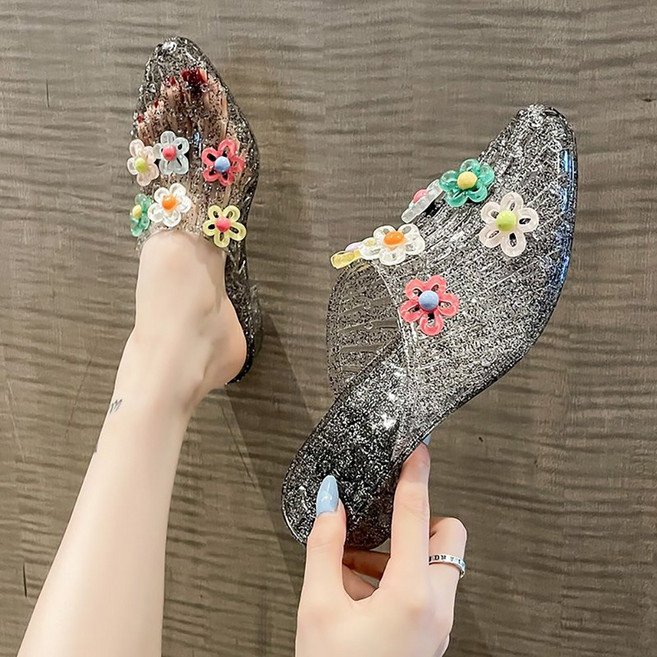 ROYALBELLE 여성 플라워 장식 크리스탈 젤리 뮬 미끄럼방지 가벼운 시원한 슬리퍼