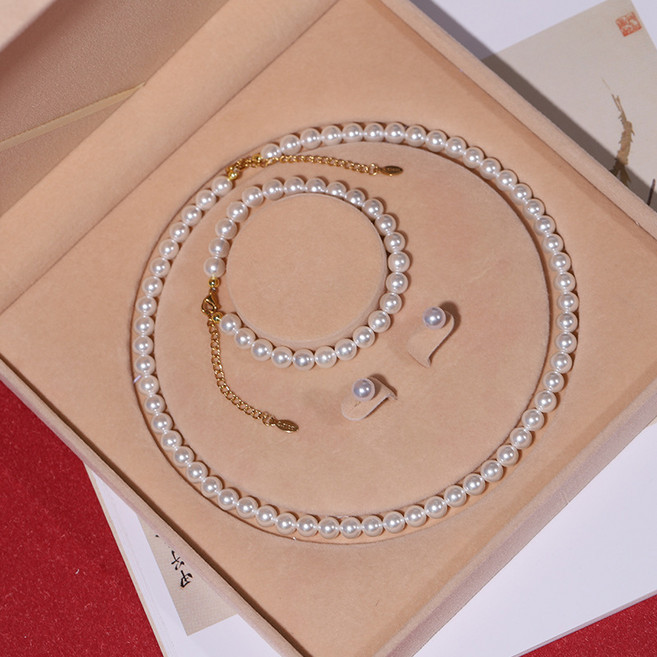 고급 진주 목걸이세트 5mm진주 목걸이 팔찌 귀걸이 세트 고급 선물박스 쇼핑백 증정