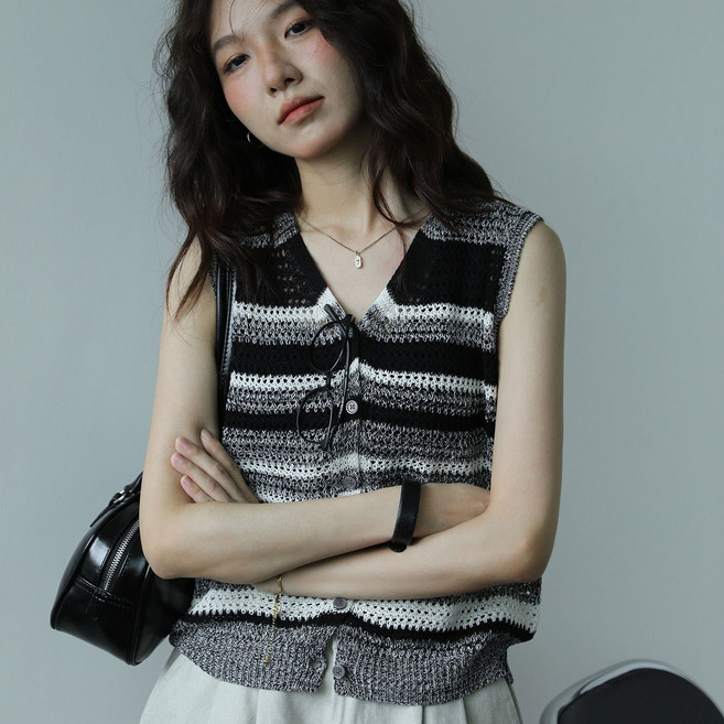 페이준 여성 봄 여름 브이넥 빈티지 스트라이프 니트 가디건 조끼 데일리 통근 오버핏 배색 얇은 베스트 YFB842