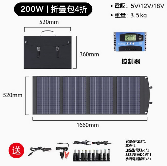 Felsted 菲仕德 100W 可折疊太陽能板 單晶硅 高轉換率 18V, 1個, 200W 5V/12V/18V+控制器