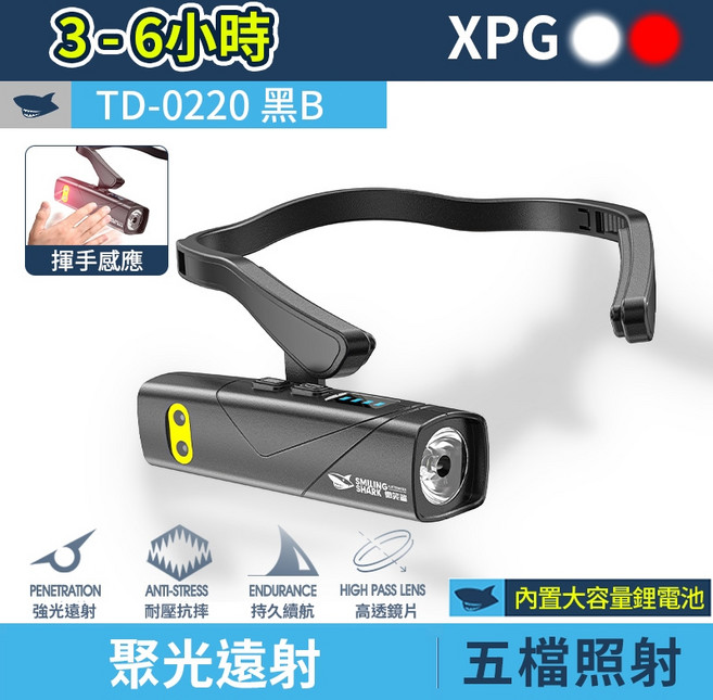 便攜頭箍照明燈 強光LED 掛耳式工作頭燈 白紅光 露營夜釣, 1個, 【黑】微笑鯊 TD-0220B(感應式)