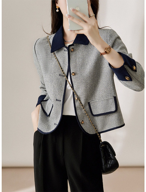 【小香風顯白】短款外套 女裝上衣 春裝外套 小香風外套 粗花呢外套 撞色翻領 羊毛混紡 春季通勤約會