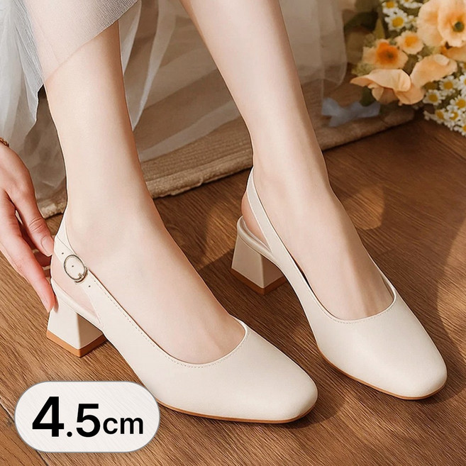 라뷰드 여성 데일리 스퀘어 미들힐 슬링백 정사이즈 통굽 구두 미끄럼 방지 버클 스트랩 슈즈 발편한 베이직 정장 신발 4.5cm