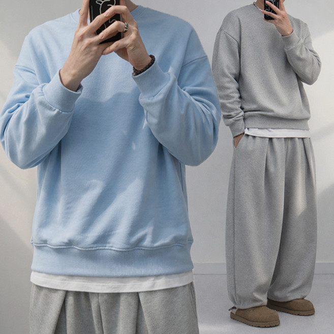 남자 하늘색 3단 쭈리 무지 기본 오버핏 맨투맨