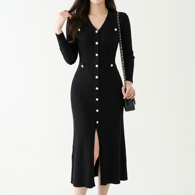 빌러드우먼 골드버튼 봄 가을 하객룩 브이넥 니트 머메이드 롱 원피스