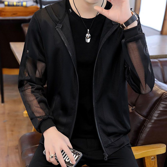 여름용 가디건 망사 통기 얇은 자켓 점퍼 후드집업 커플룩 ZH23042113, 5XL, 블랙