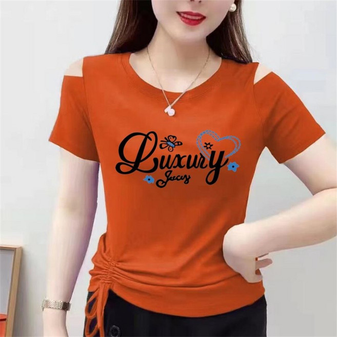 besteffie 여성용 여름 패션 반팔티셔츠 어깨 트임 스트링 장식 캐주얼 티셔츠 예쁜티셔츠 K95