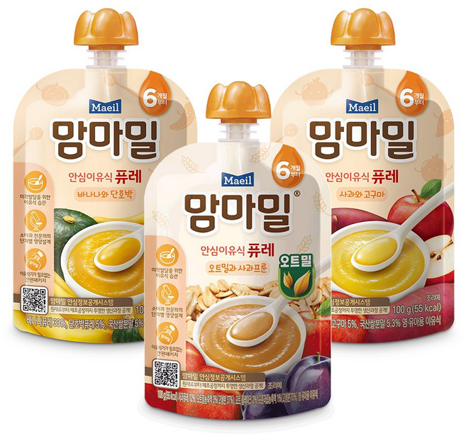 매일유업 맘마밀 안심이유식 6개월 3종 택 단호박소고기 사과와고구마퓨레 바나나와단호박퓨레, 100g, 10개